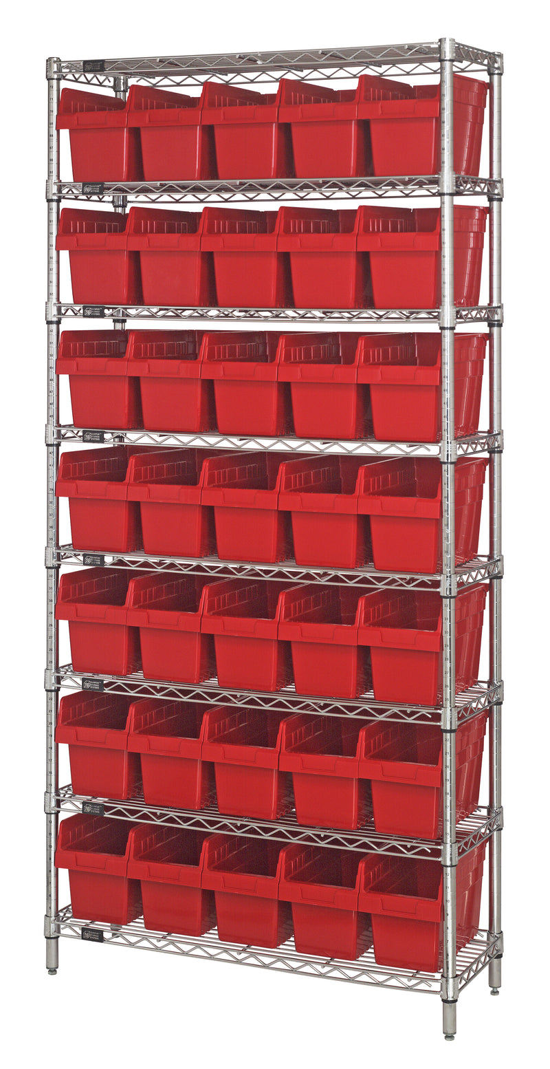 Quantum WR8-802RD, 12"W 36"D 74"H Bin Wire Shelving System, Red Bins, Chrome Plated Finish