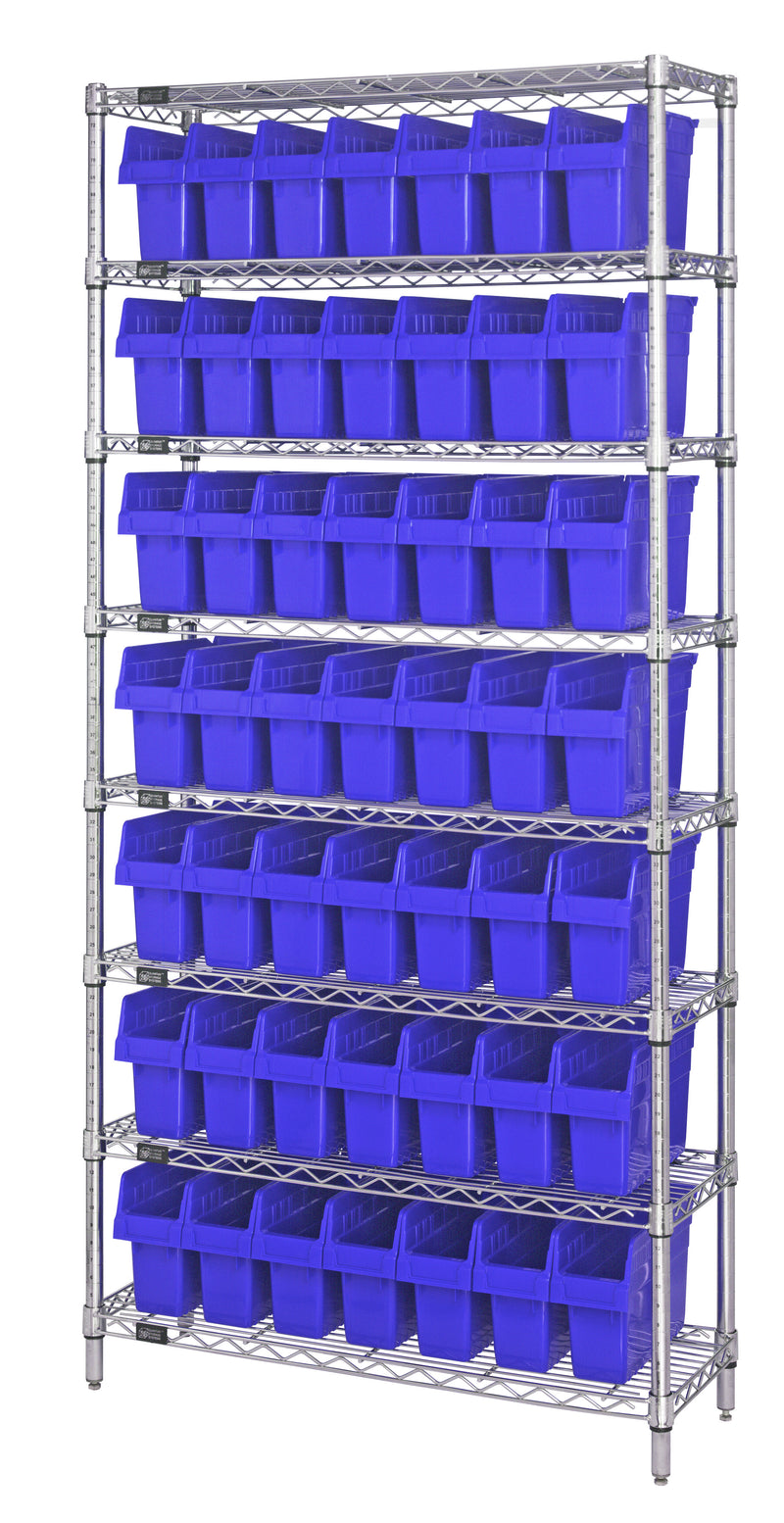 Quantum WR8-803BL, 18"W 36"D 74"H Bin Wire Shelving System, Blue Bins, Chrome Plated Finish
