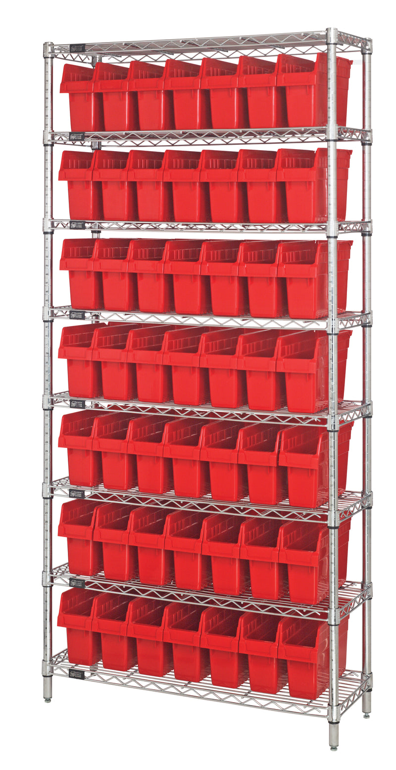 Quantum WR8-805RD, 24"W 36"D 74"H Bin Wire Shelving System, Red Bins, Chrome Plated Finish