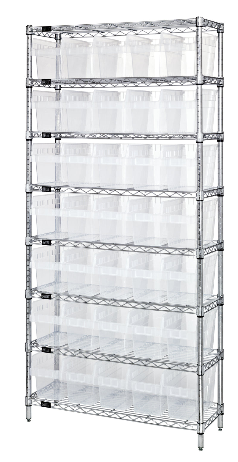 Quantum WR8-806CL, 24"W 36"D 74"H Bin Wire Shelving System, Clear Bins, Chrome Plated Finish