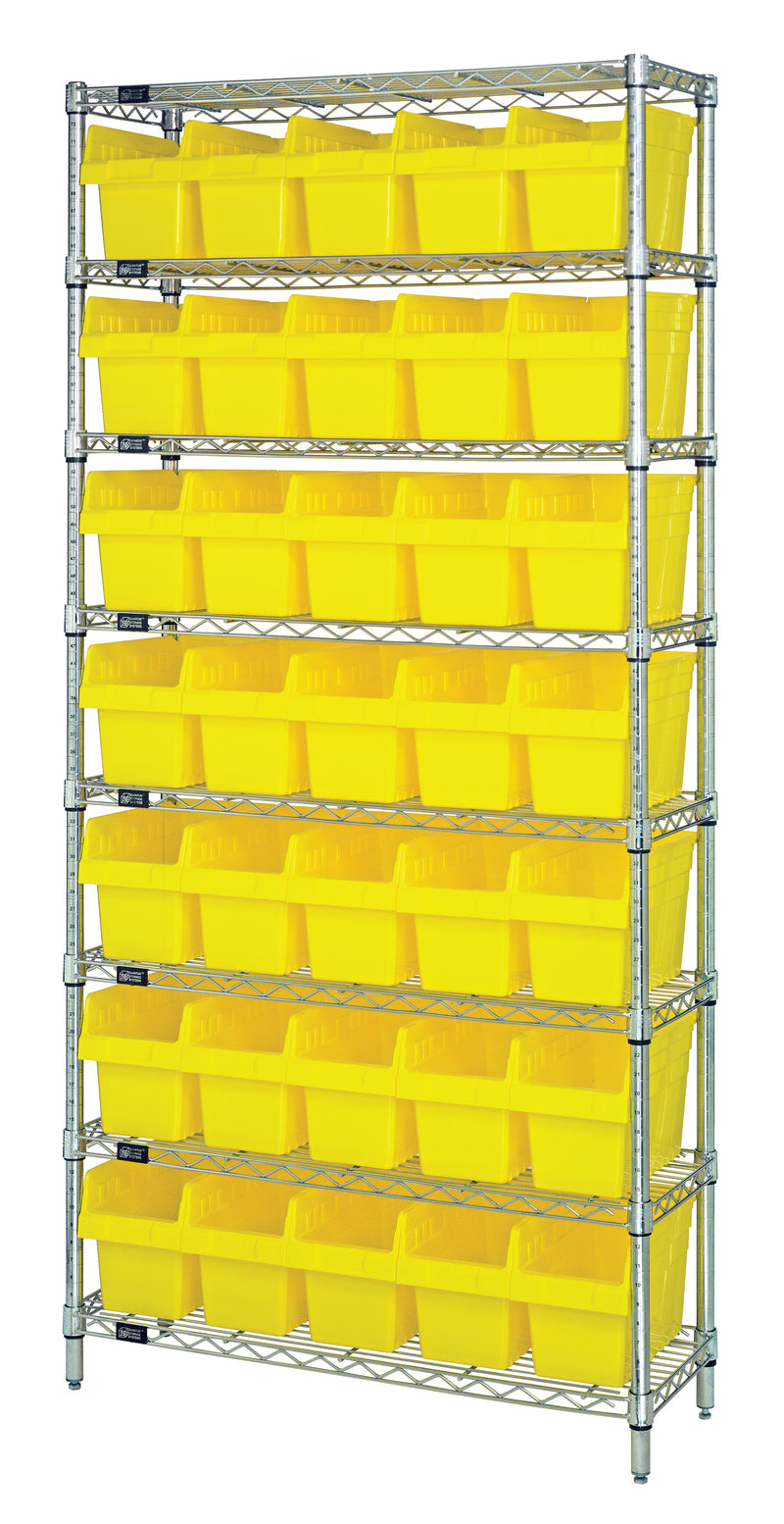 Quantum WR8-806YL, 24"W 36"D 74"H Bin Wire Shelving System, Yellow Bins, Chrome Plated Finish