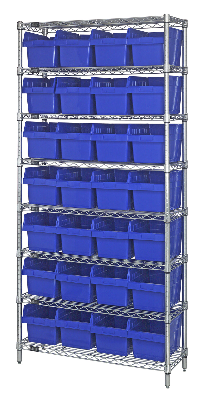 Quantum WR8-807BL, 12"W 36"D 74"H Bin Wire Shelving System, Blue Bins, Chrome Plated Finish