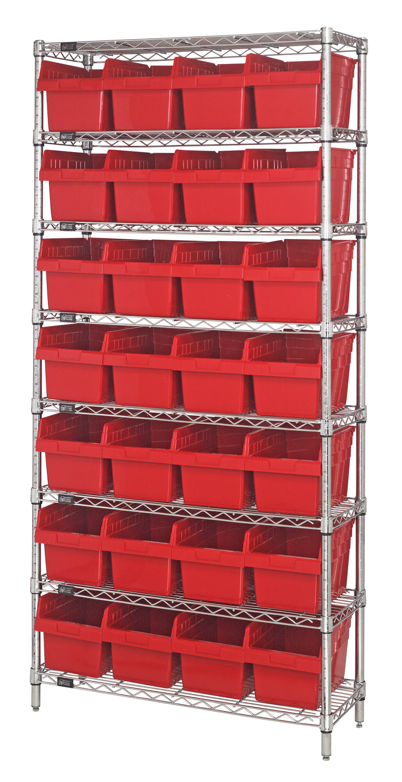 Quantum WR8-808RD, 18"W 36"D 74"H Bin Wire Shelving System, Red Bins, Chrome Plated Finish