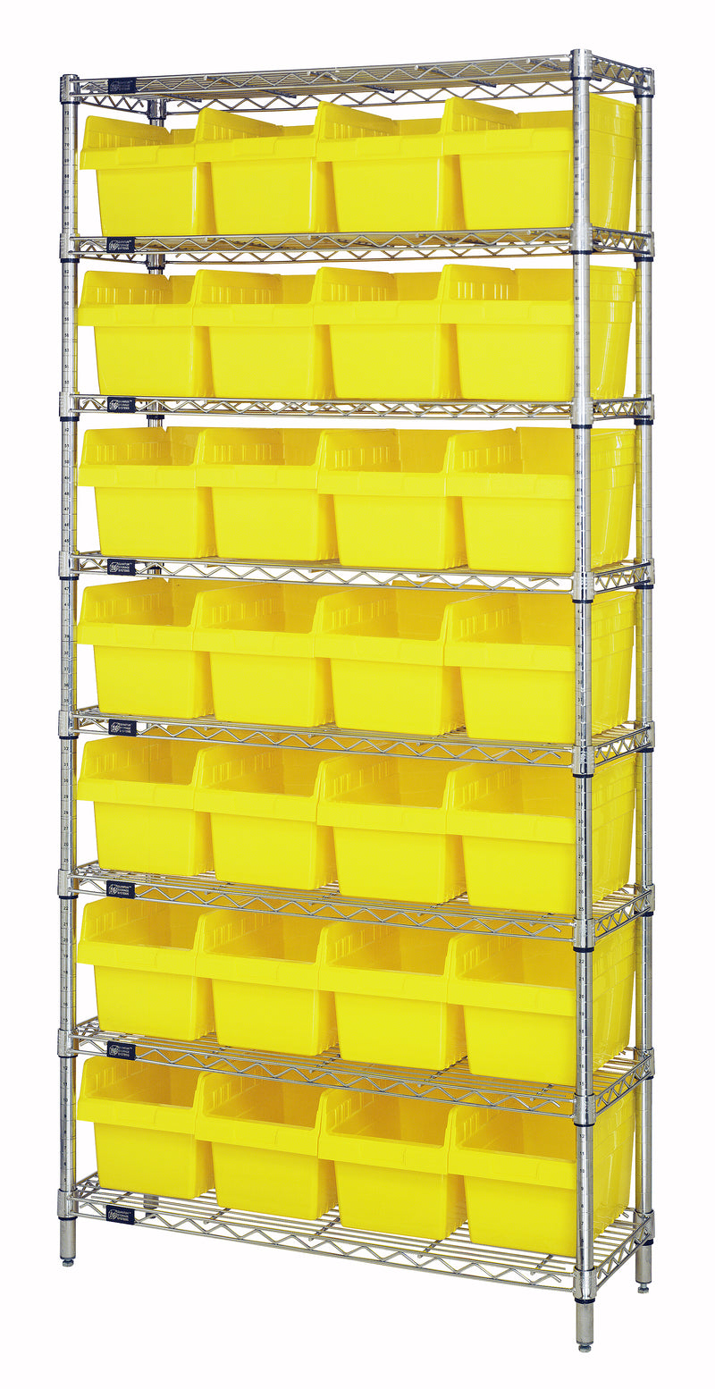 Quantum WR8-808YL, 18"W 36"D 74"H Bin Wire Shelving System, Yellow Bins, Chrome Plated Finish