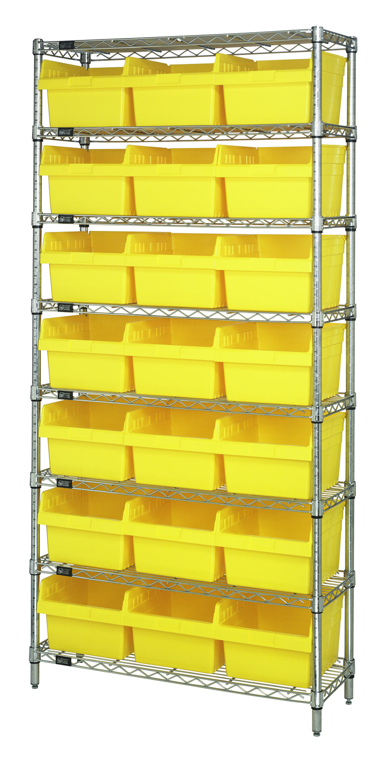 Quantum WR8-809YL, 12"W 36"D 74"H Bin Wire Shelving System, Yellow Bins, Chrome Plated Finish