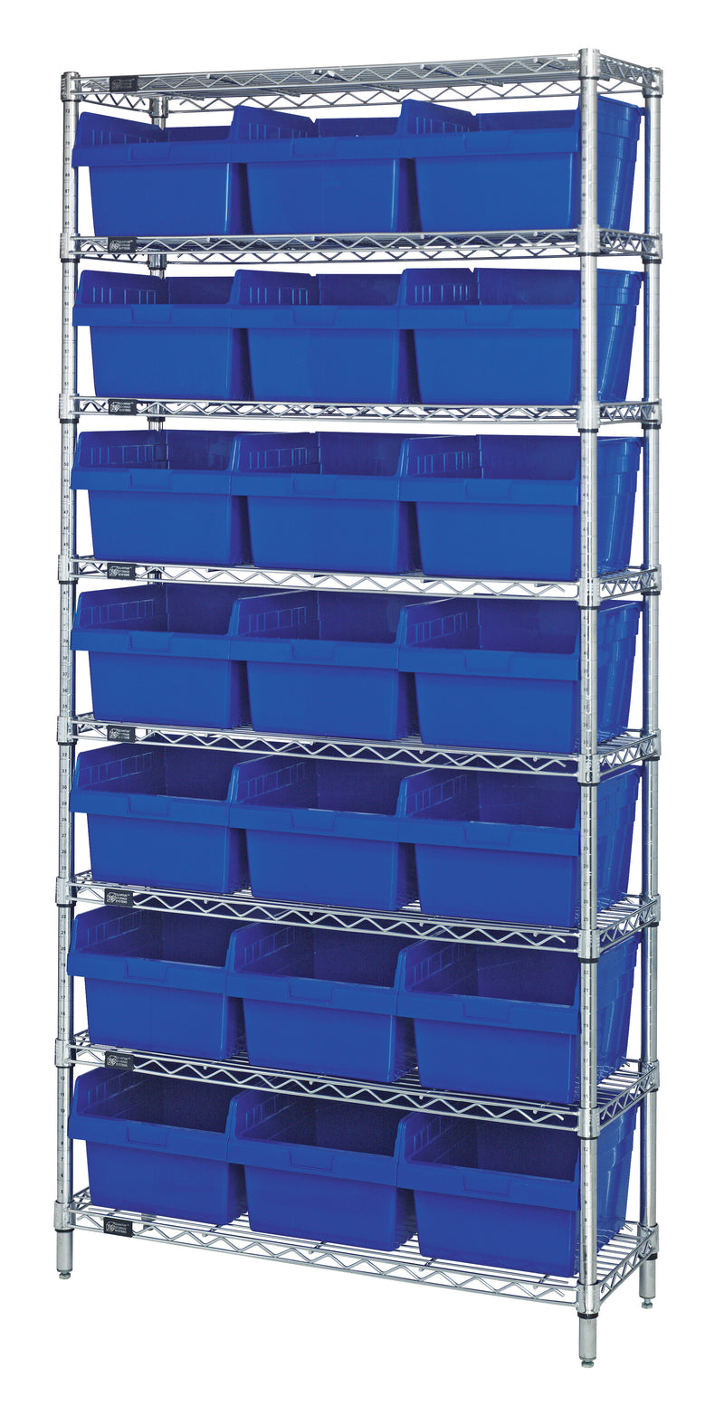 Quantum WR8-810BL, 18"W 36"D 74"H Bin Wire Shelving System, Blue Bins, Chrome Plated Finish