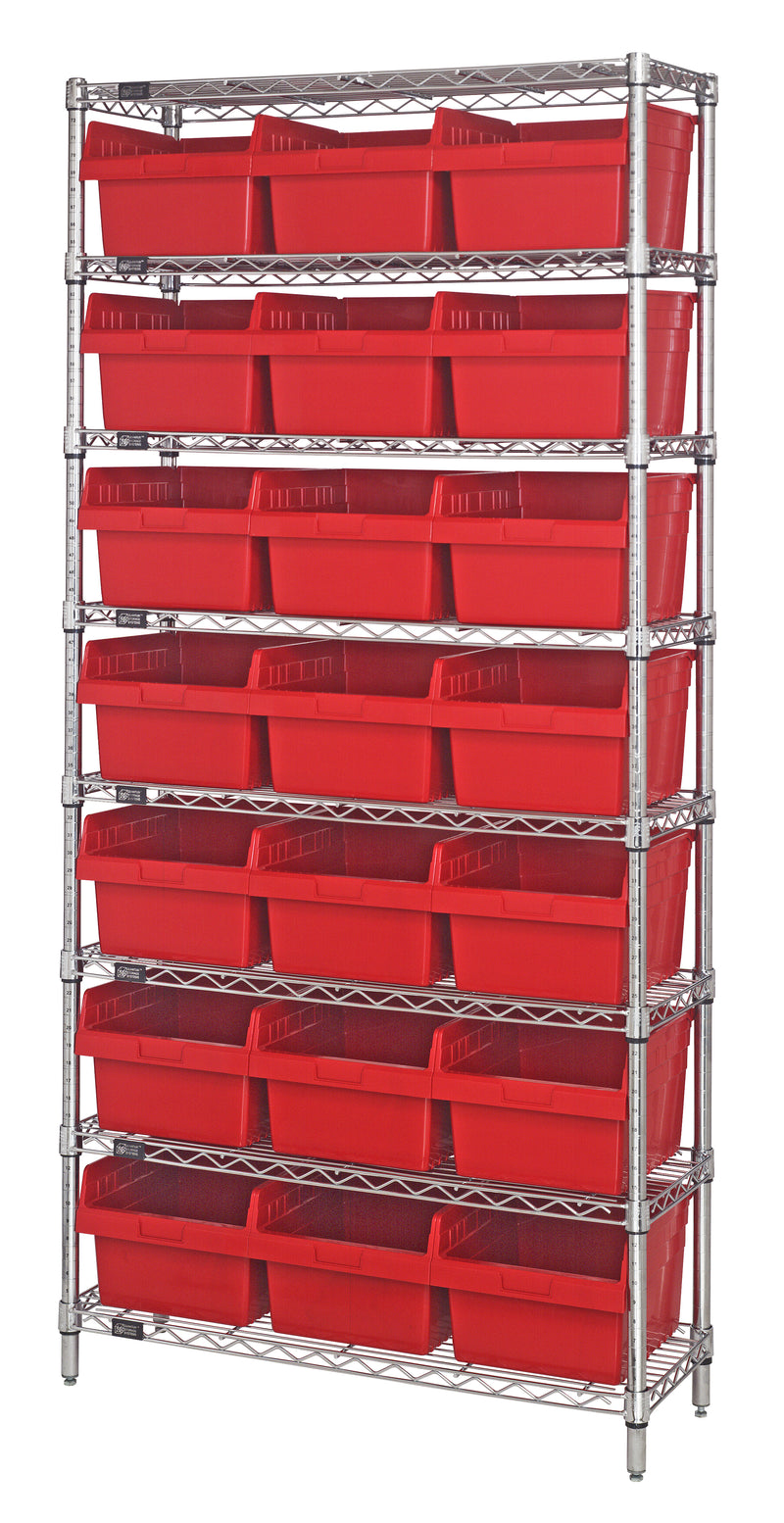 Quantum WR8-810RD, 18"W 36"D 74"H Bin Wire Shelving System, Red Bins, Chrome Plated Finish