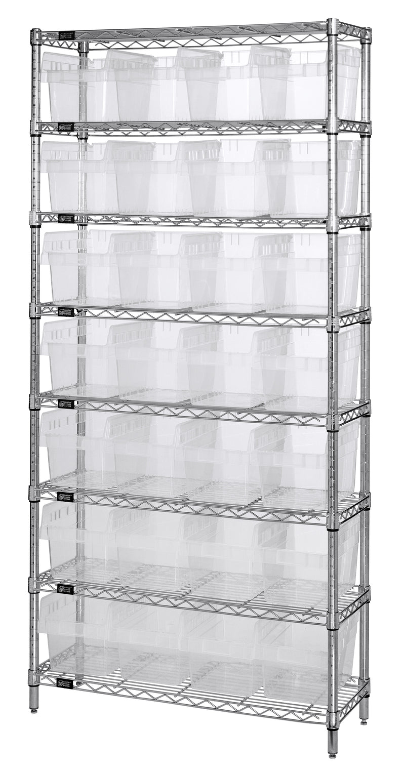 Quantum WR8-814CL, 24"W 36"D 74"H Bin Wire Shelving System, Clear Bins, Chrome Plated Finish