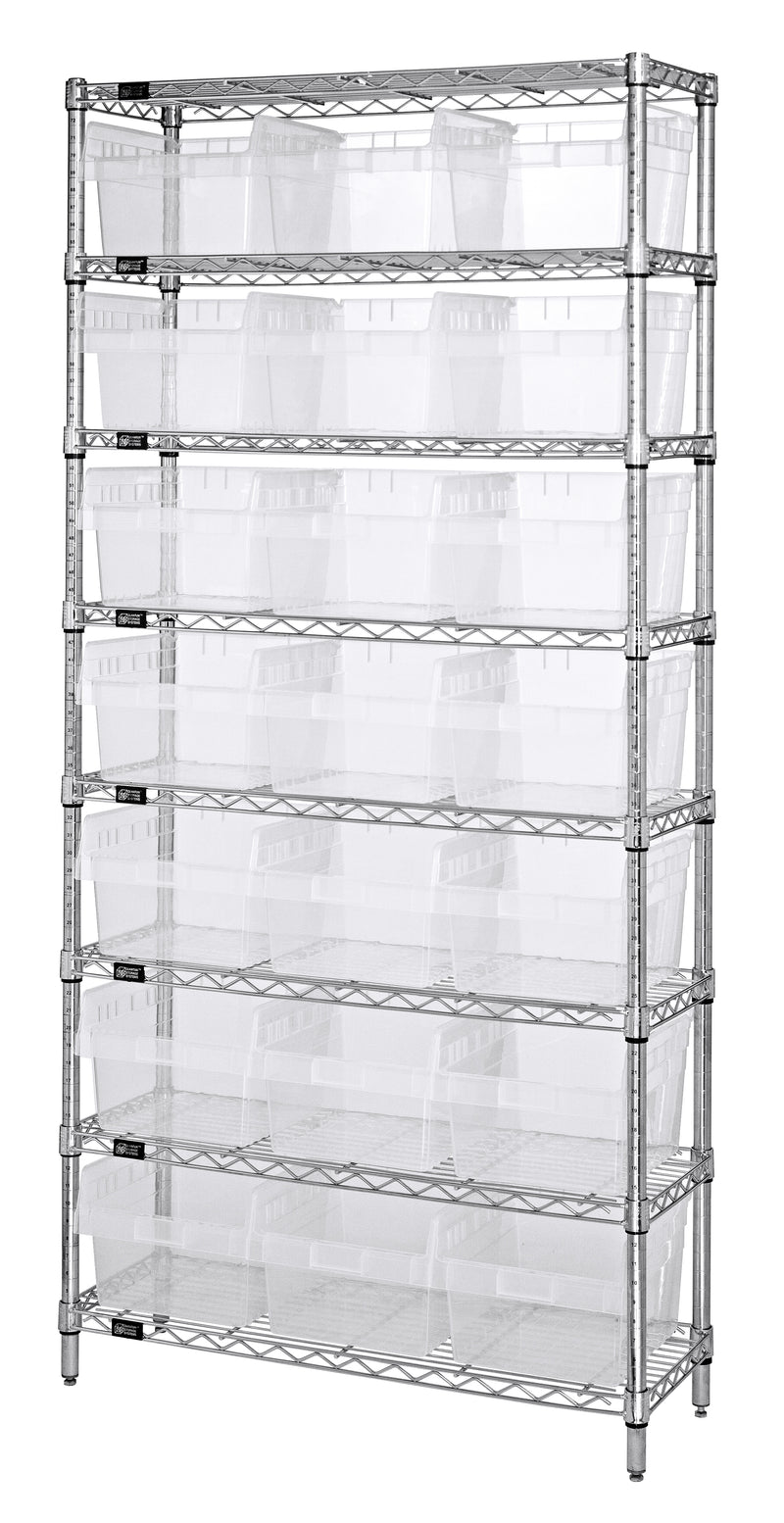 Quantum WR8-816CL, 24"W 36"D 74"H Bin Wire Shelving System, Clear Bins, Chrome Plated Finish