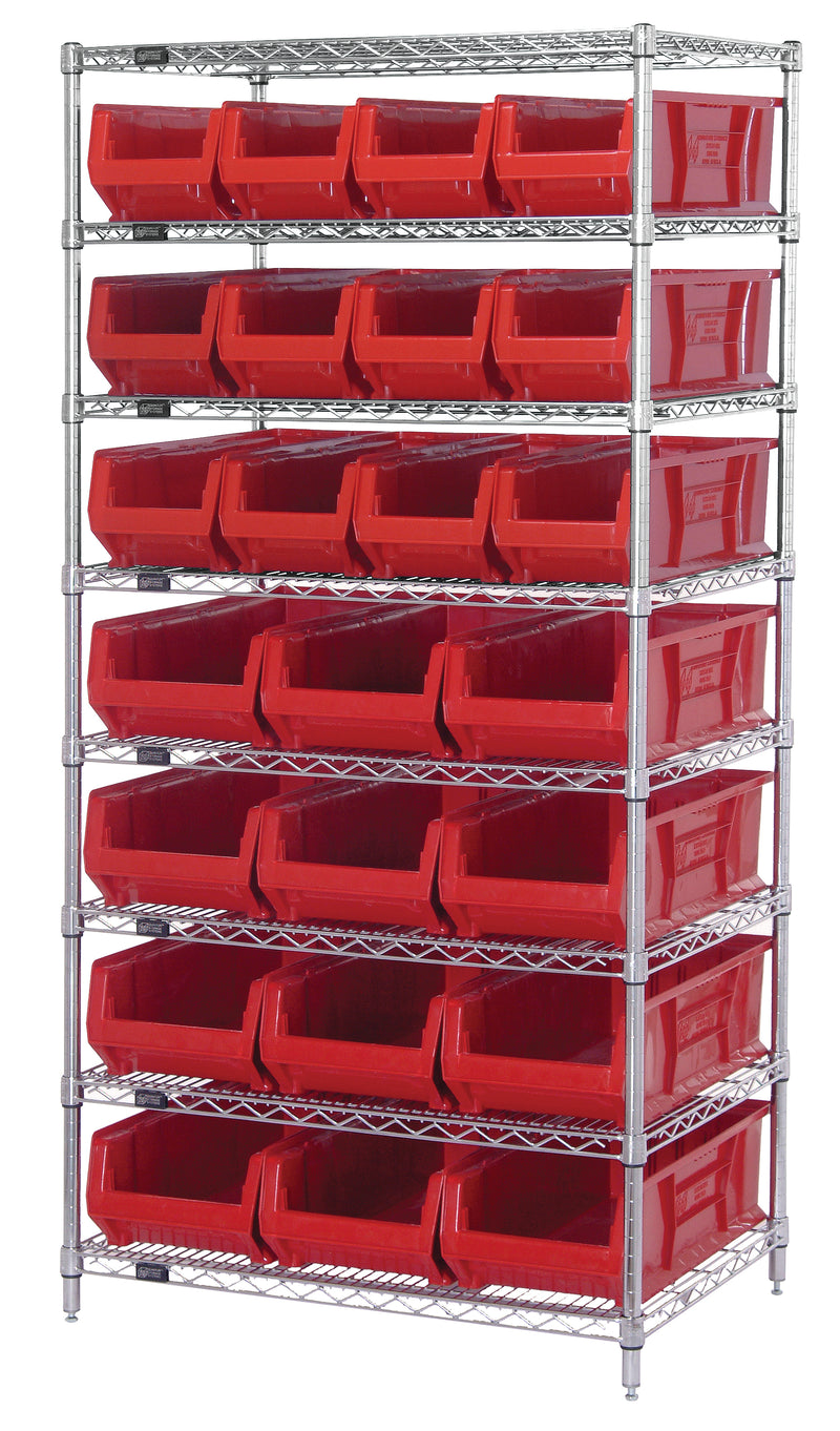 Quantum WR8-950952RD, 24"W 36"D 74"H Bin Wire Shelving System, Red Bins, Chrome Plated Finish