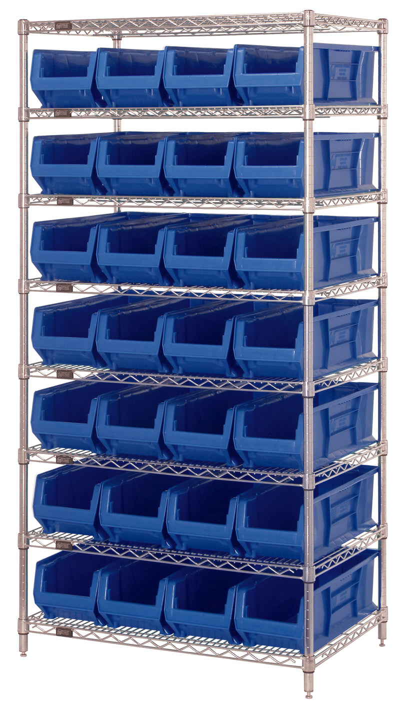 Quantum WR8-950BL, 24"W 36"D 74"H Bin Systems Unit, Blue Bins, Chrome Plated Finish