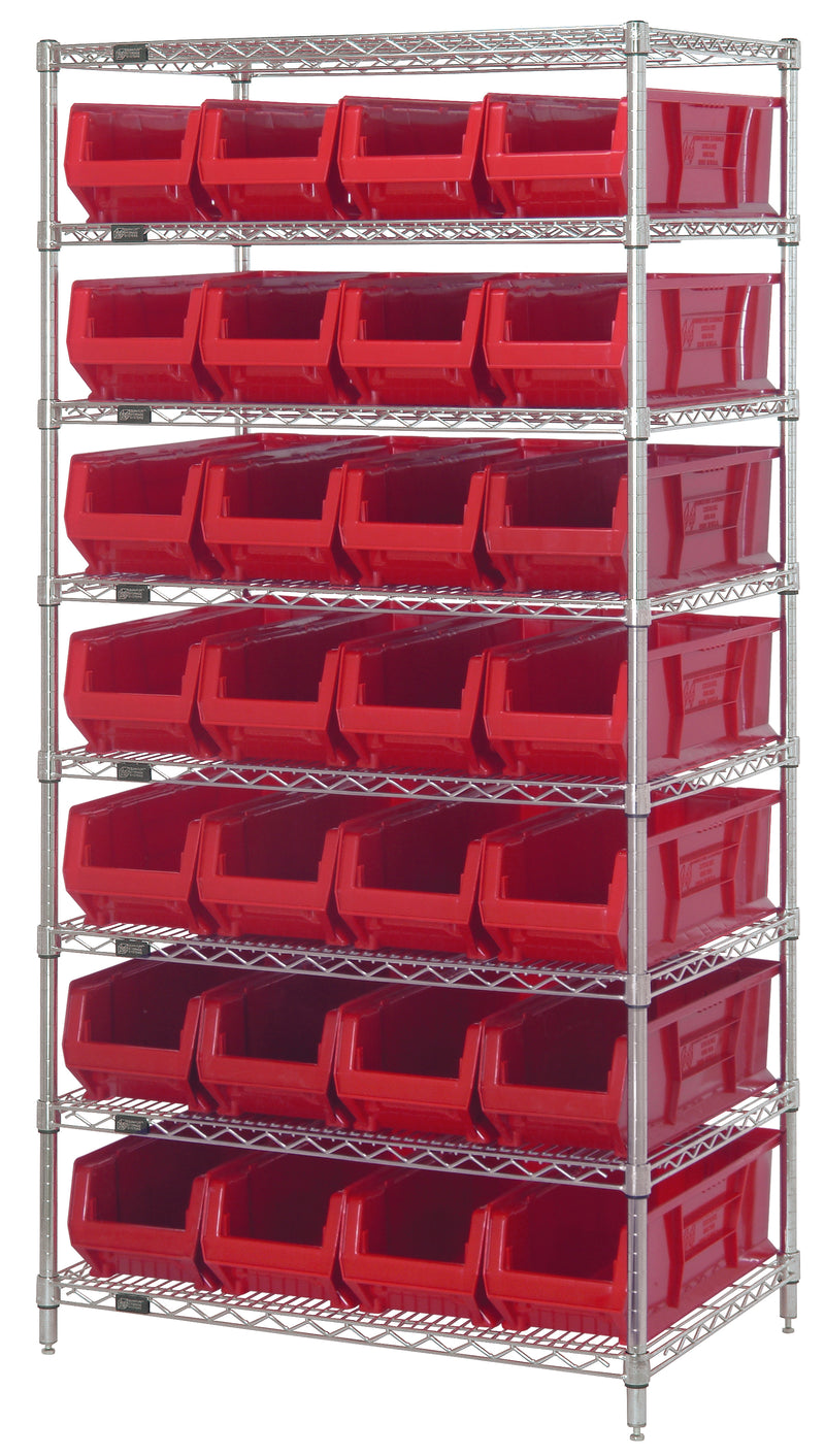 Quantum WR8-950RD, 24"W 36"D 74"H Bin Systems Unit, Red Bins, Chrome Plated Finish