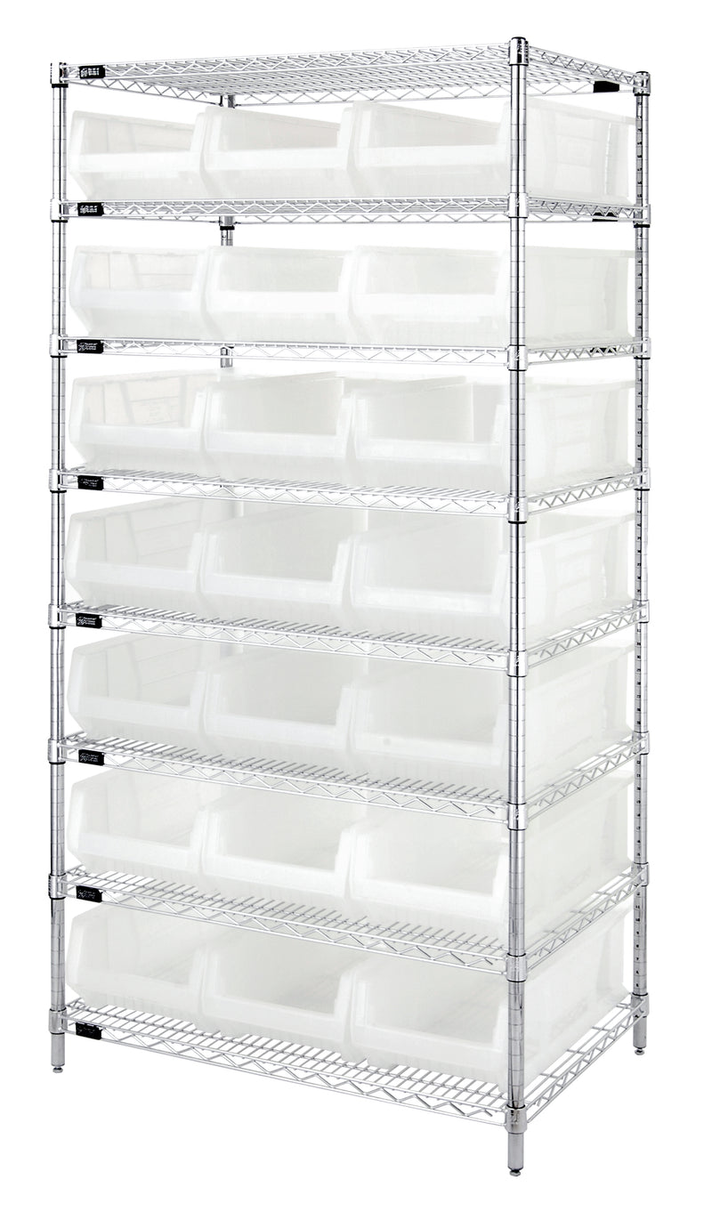 Quantum WR8-952CL, 24"W 36"D 74"H Bin Systems Unit, Clear Bins, Chrome Plated Finish