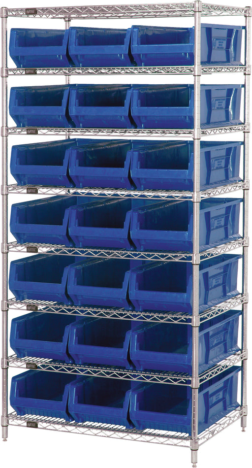Quantum WR8-952BL, 24"W 36"D 74"H Bin Systems Unit, Blue Bins, Chrome Plated Finish