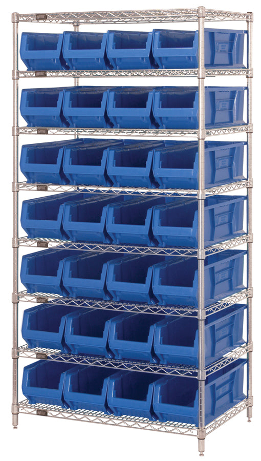 Quantum WR8-970BL, 30"W 36"D 74"H Bin Wire Shelving System, Blue Bins, Chrome Plated Finish