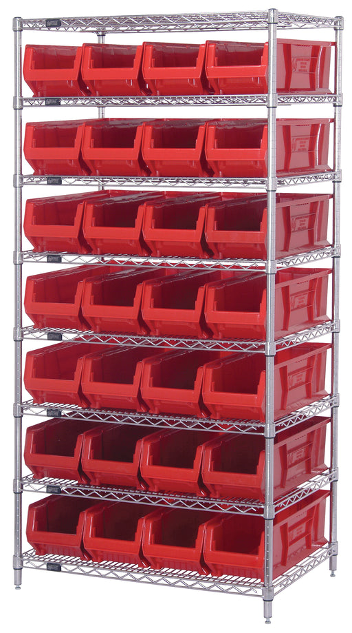 Quantum WR8-970RD, 30"W 36"D 74"H Bin Wire Shelving System, Red Bins, Chrome Plated Finish