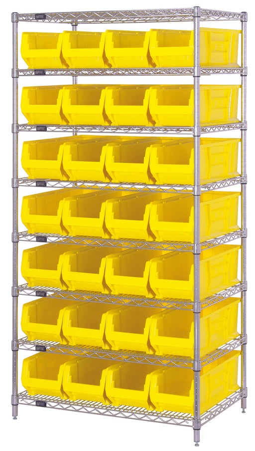 Quantum WR8-970YL, 30"W 36"D 74"H Bin Wire Shelving System, Yellow Bins, Chrome Plated Finish