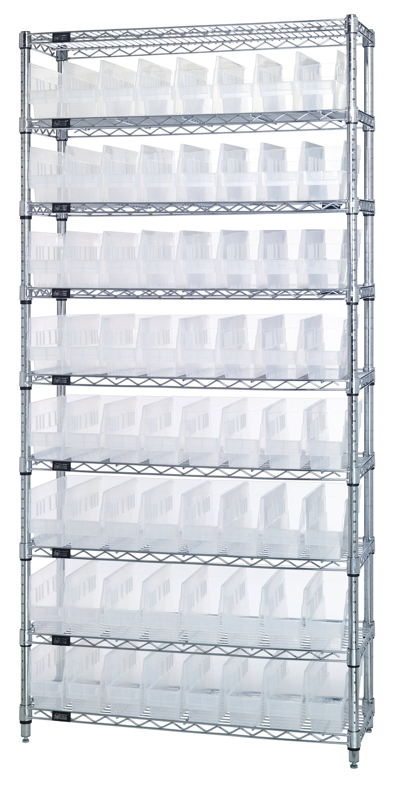 Quantum WR9-201CL, 12"W 36"D 74"H Bin Wire Shelving System, Clear Bins, Chrome Plated Finish