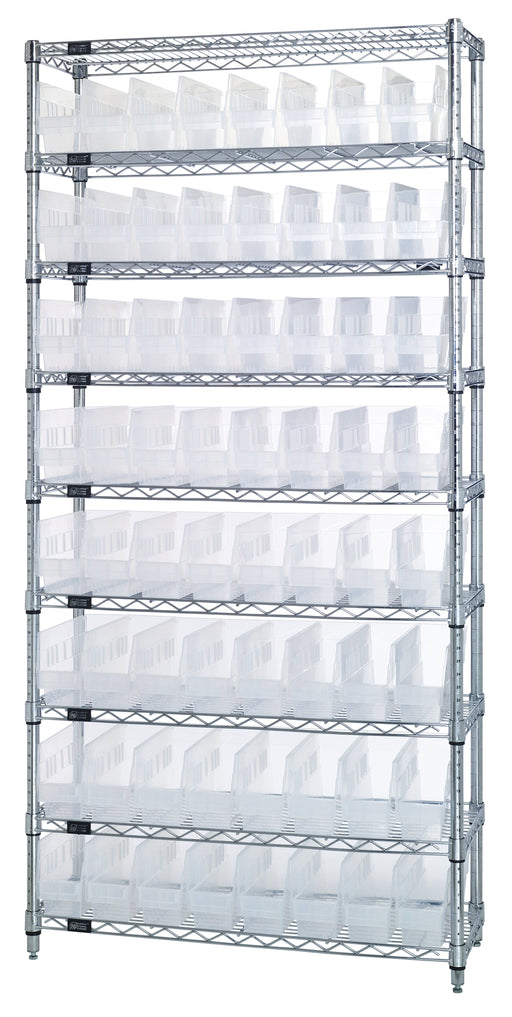 Quantum WR9-205CL, 24"W 36"D 74"H Bin Wire Shelving System, Clear Bins, Chrome Plated Finish