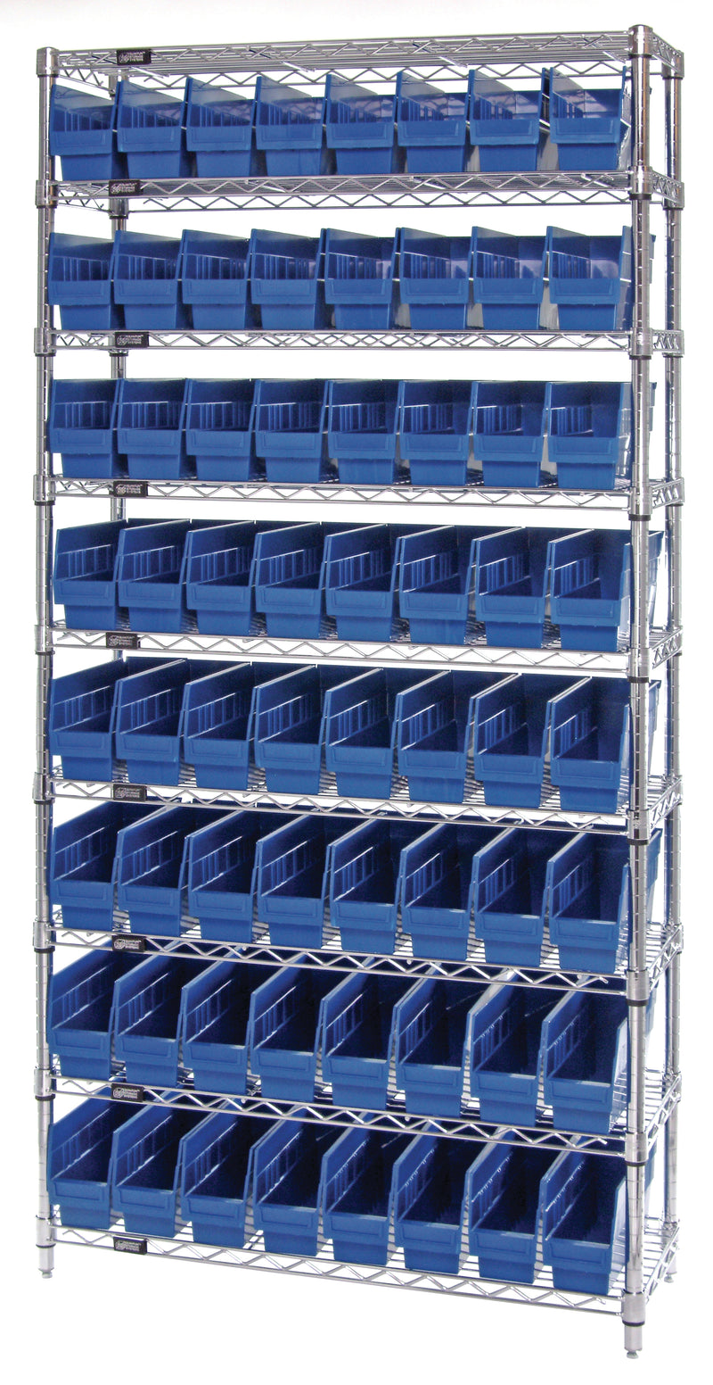 Quantum WR9-201BL, 12"W 36"D 74"H Bin Wire Shelving System, Blue Bins, Chrome Plated Finish
