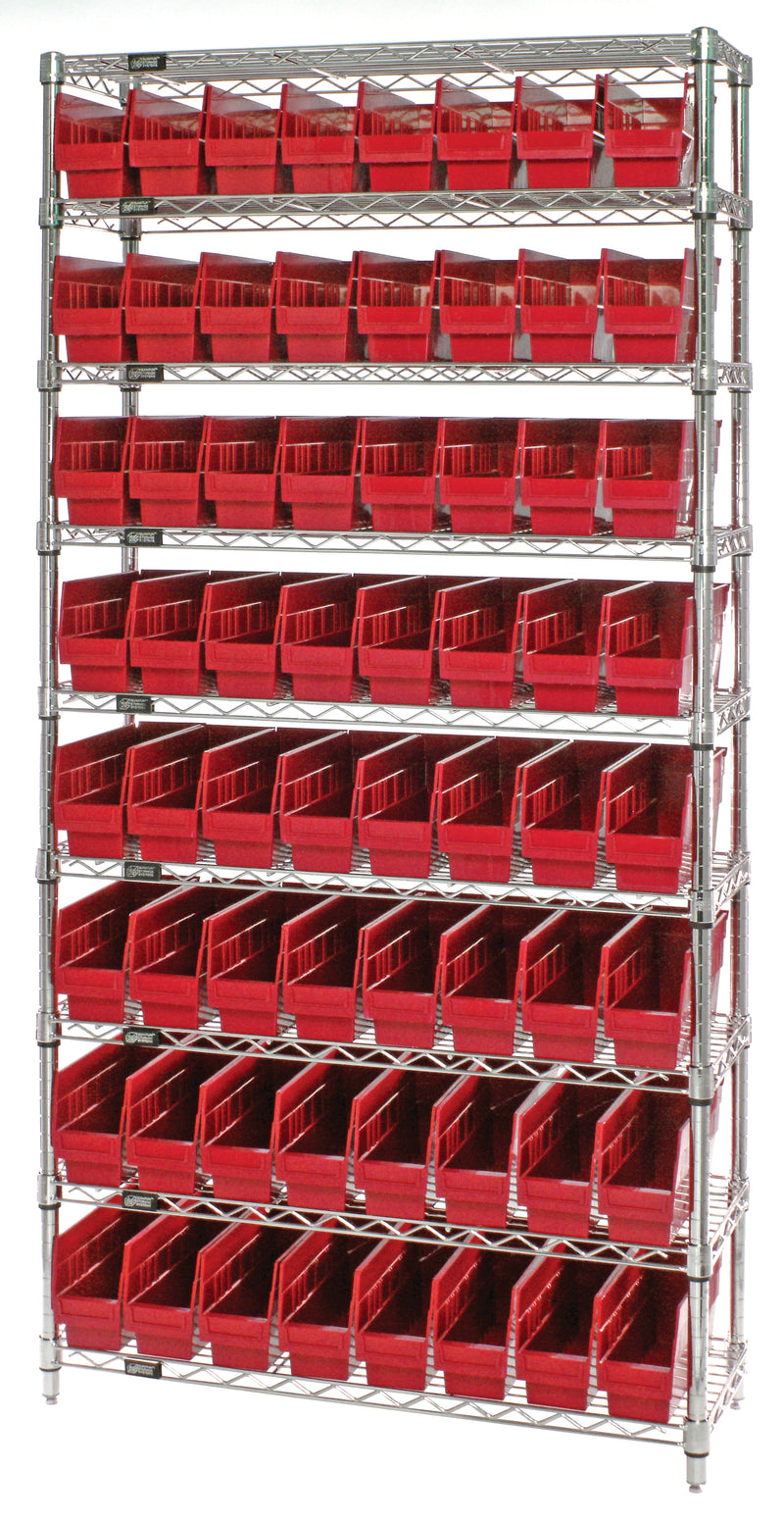 Quantum WR9-201RD, 12"W 36"D 74"H Bin Wire Shelving System, Red Bins, Chrome Plated Finish