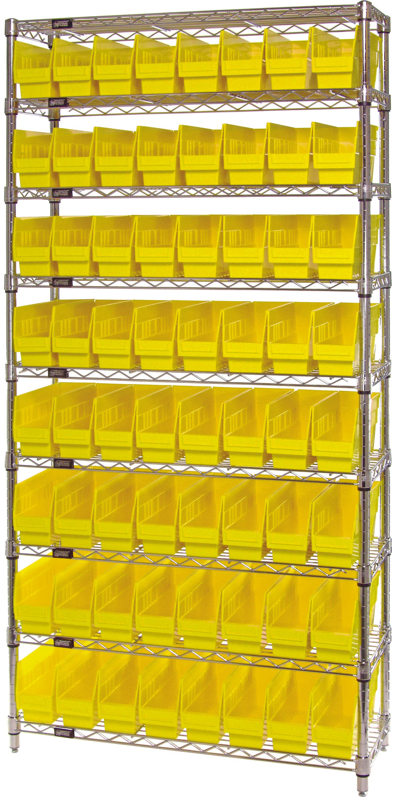 Quantum WR9-205YL, 24"W 36"D 74"H Bin Wire Shelving System, Yellow Bins, Chrome Plated Finish