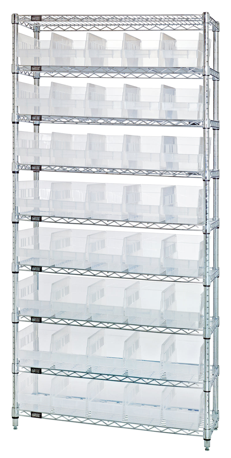 Quantum WR9-202CL, 12"W 36"D 74"H Bin Wire Shelving System, Clear Bins, Chrome Plated Finish