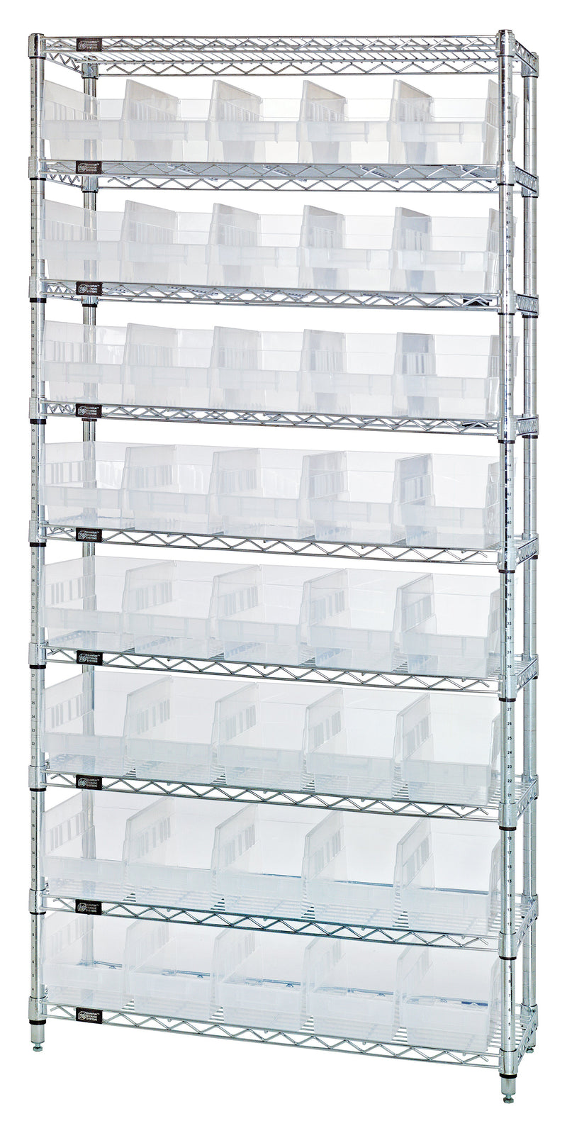 Quantum WR9-204CL, 18"W 36"D 74"H Bin Wire Shelving System, Clear Bins, Chrome Plated Finish