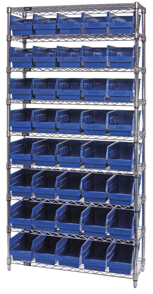 Quantum WR9-204BL, 18"W 36"D 74"H Bin Wire Shelving System, Blue Bins, Chrome Plated Finish
