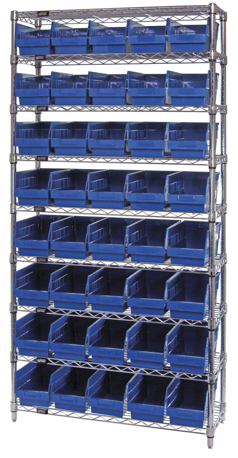 Quantum WR9-206BL, 24"W 36"D 74"H Bin Wire Shelving System, Blue Bins, Chrome Plated Finish