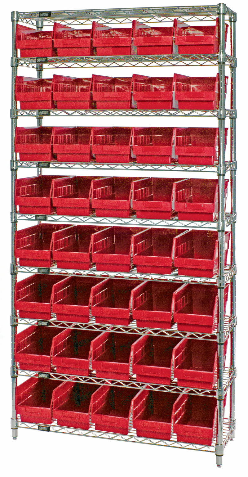 Quantum WR9-204RD, 18"W 36"D 74"H Bin Wire Shelving System, Red Bins, Chrome Plated Finish