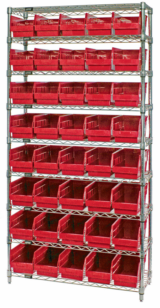 Quantum WR9-204RD, 18"W 36"D 74"H Bin Wire Shelving System, Red Bins, Chrome Plated Finish