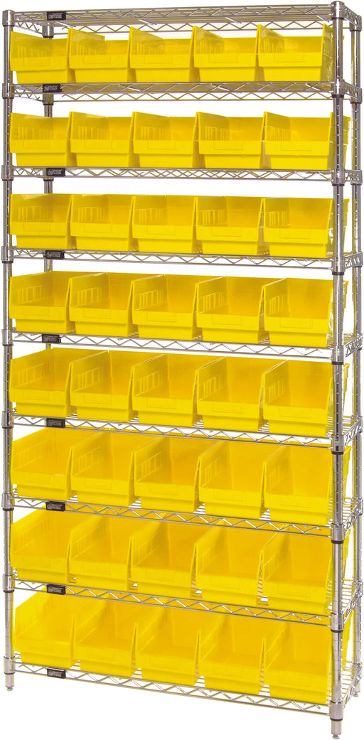 Quantum WR9-206YL, 24"W 36"D 74"H Bin Wire Shelving System, Yellow Bins, Chrome Plated Finish