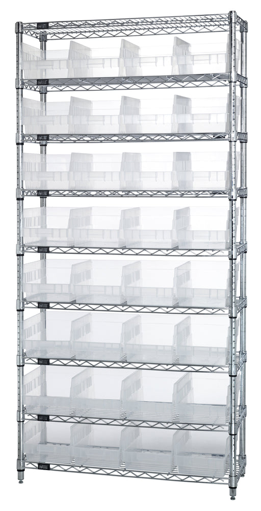 Quantum WR9-214CL, 24"W 36"D 74"H Bin Wire Shelving System, Clear Bins, Chrome Plated Finish
