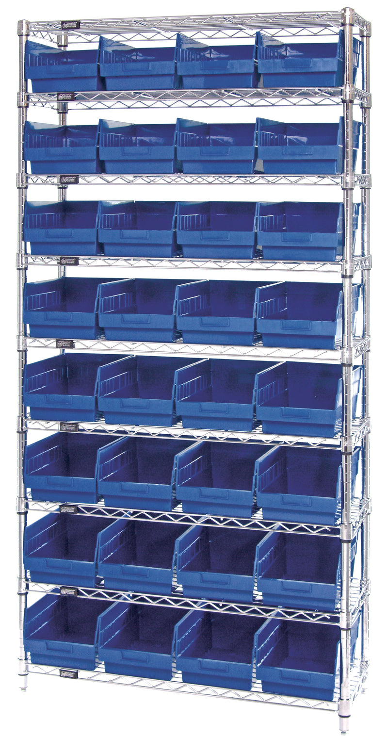 Quantum WR9-214BL, 24"W 36"D 74"H Bin Wire Shelving System, Blue Bins, Chrome Plated Finish