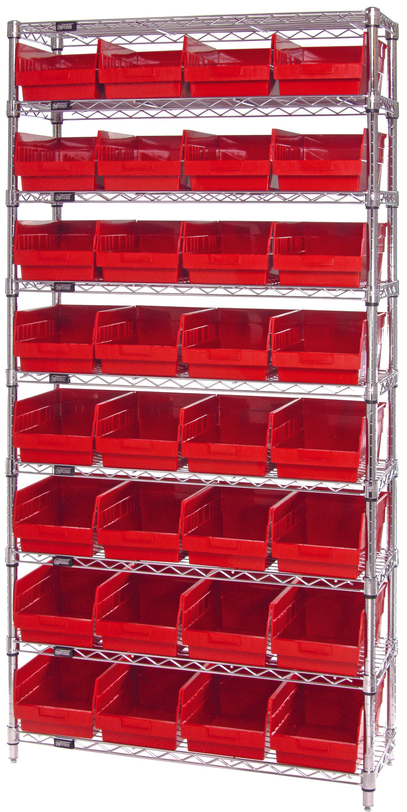 Quantum WR9-207RD, 12"W 36"D 74"H Bin Wire Shelving System, Red Bins, Chrome Plated Finish