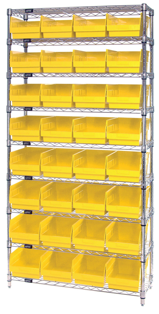 Quantum WR9-208YL, 18"W 36"D 74"H Bin Wire Shelving System, Yellow Bins, Chrome Plated Finish