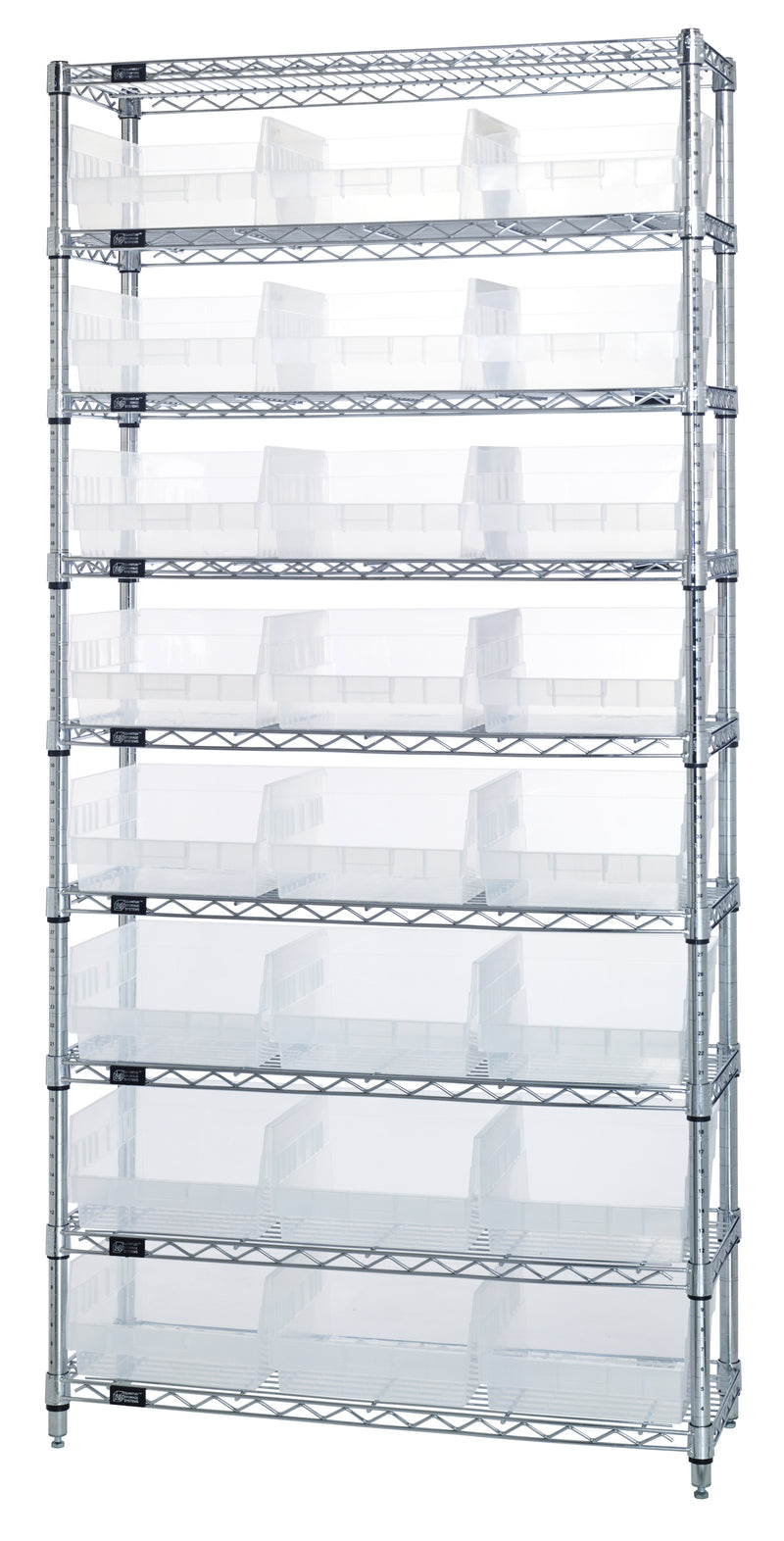 Quantum WR9-209CL, 12"W 36"D 74"H Bin Wire Shelving System, Clear Bins, Chrome Plated Finish