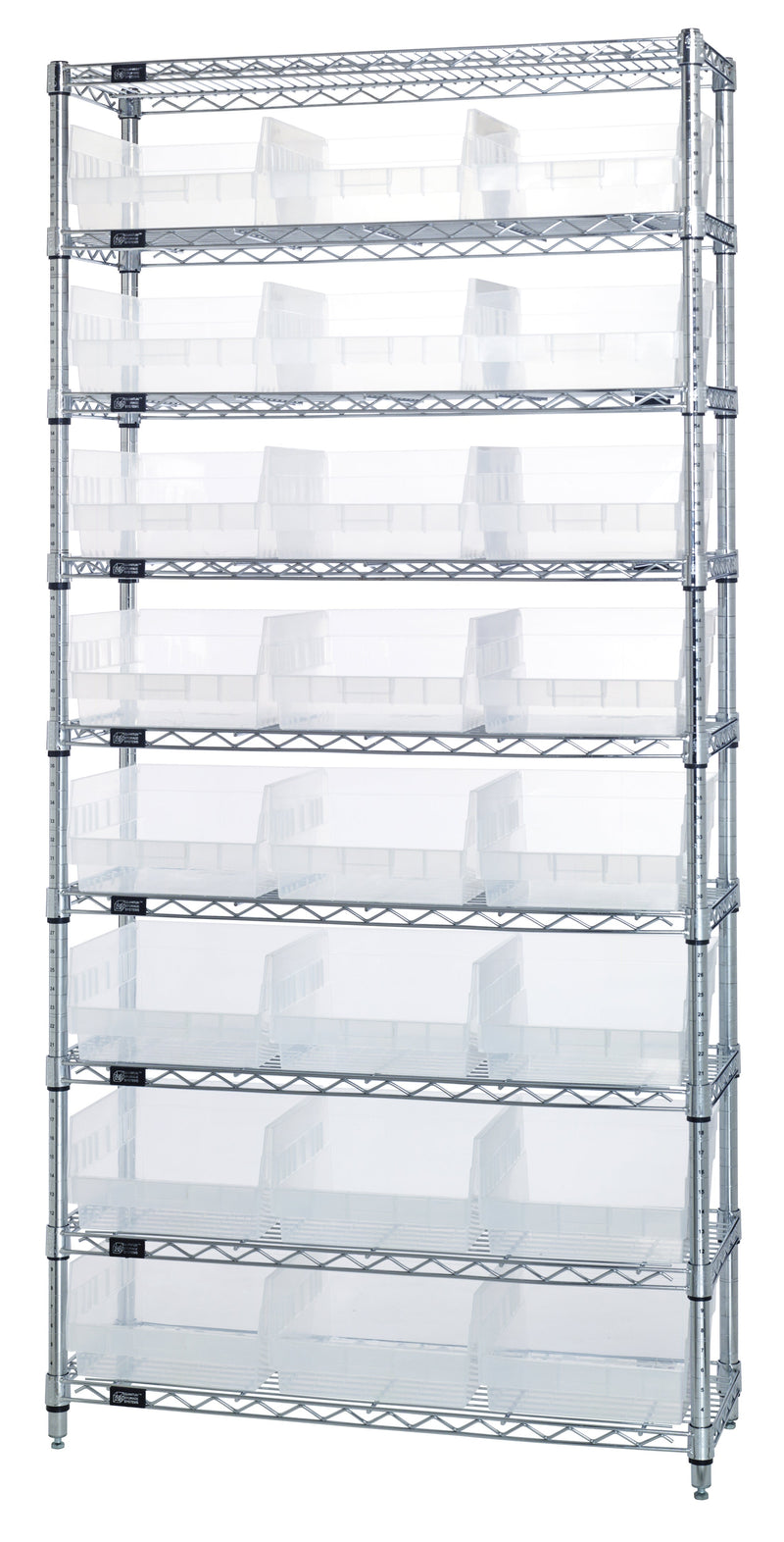 Quantum WR9-210CL, 18"W 36"D 74"H Bin Wire Shelving System, Clear Bins, Chrome Plated Finish