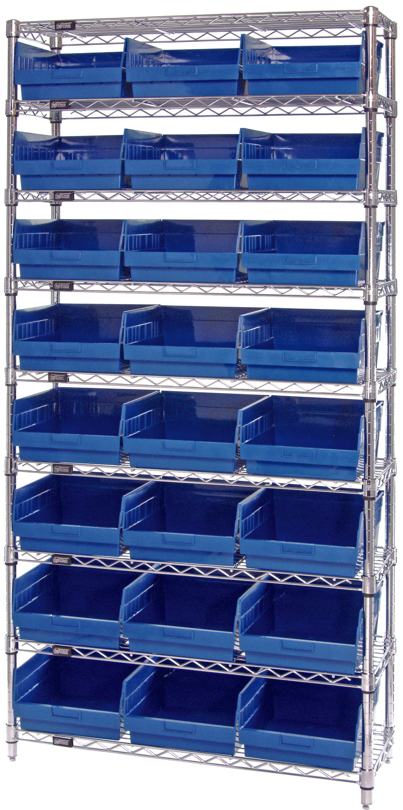 Quantum WR9-209BL, 12"W 36"D 74"H Bin Wire Shelving System, Blue Bins, Chrome Plated Finish