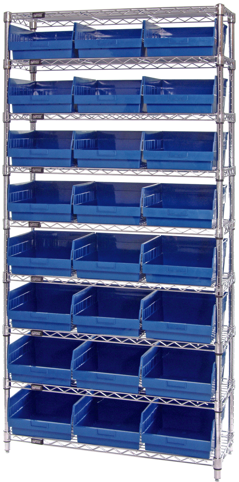 Quantum WR9-210BL, 18"W 36"D 74"H Bin Wire Shelving System, Blue Bins, Chrome Plated Finish