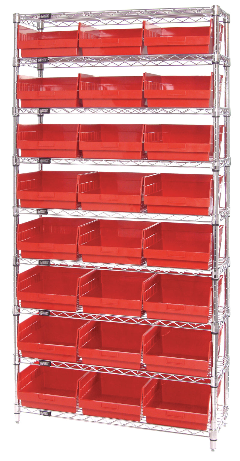 Quantum WR9-209RD, 12"W 36"D 74"H Bin Wire Shelving System, Red Bins, Chrome Plated Finish