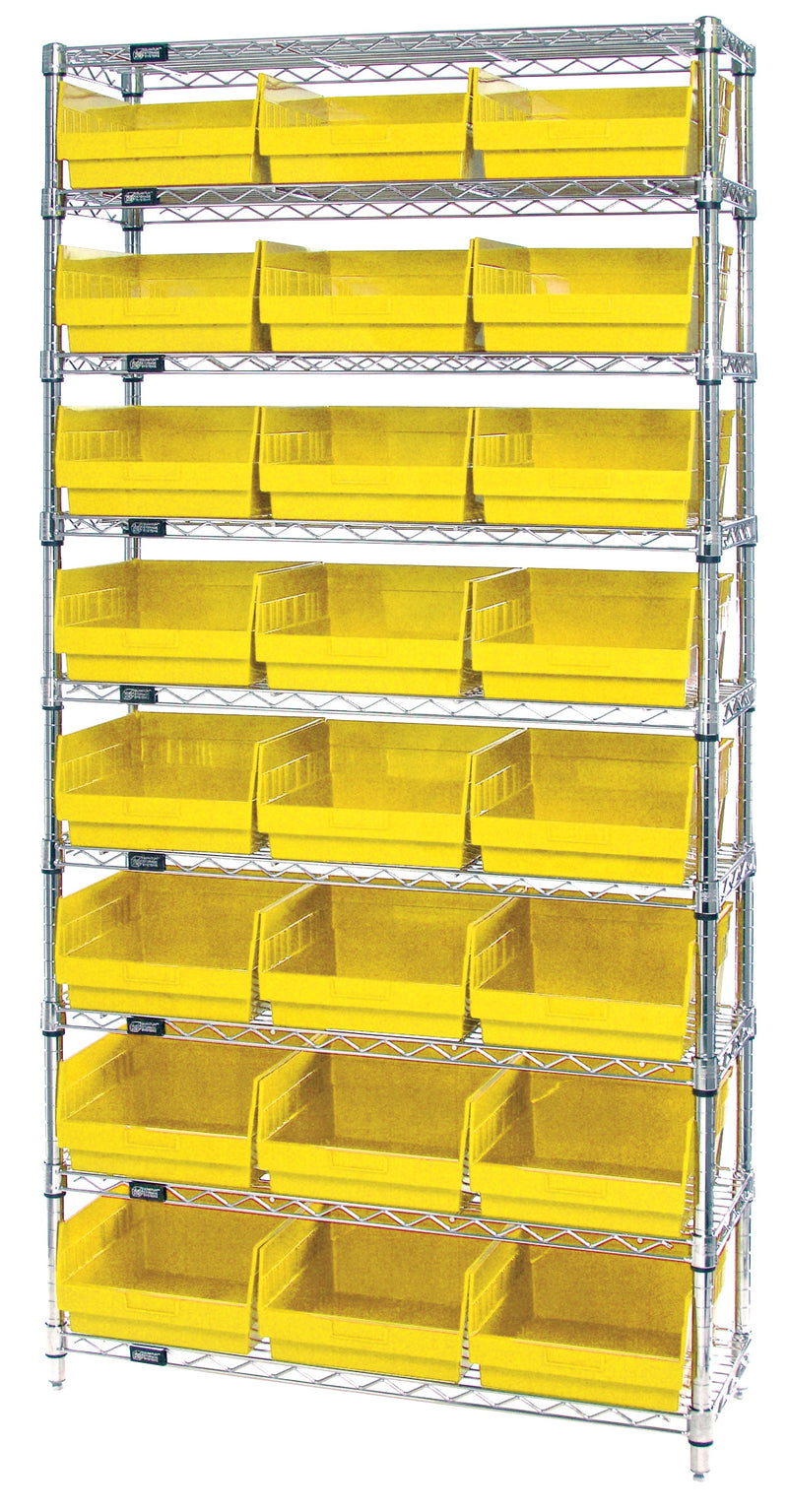 Quantum WR9-216YL, 24"W 36"D 74"H Bin Wire Shelving System, Yellow Bins, Chrome Plated Finish