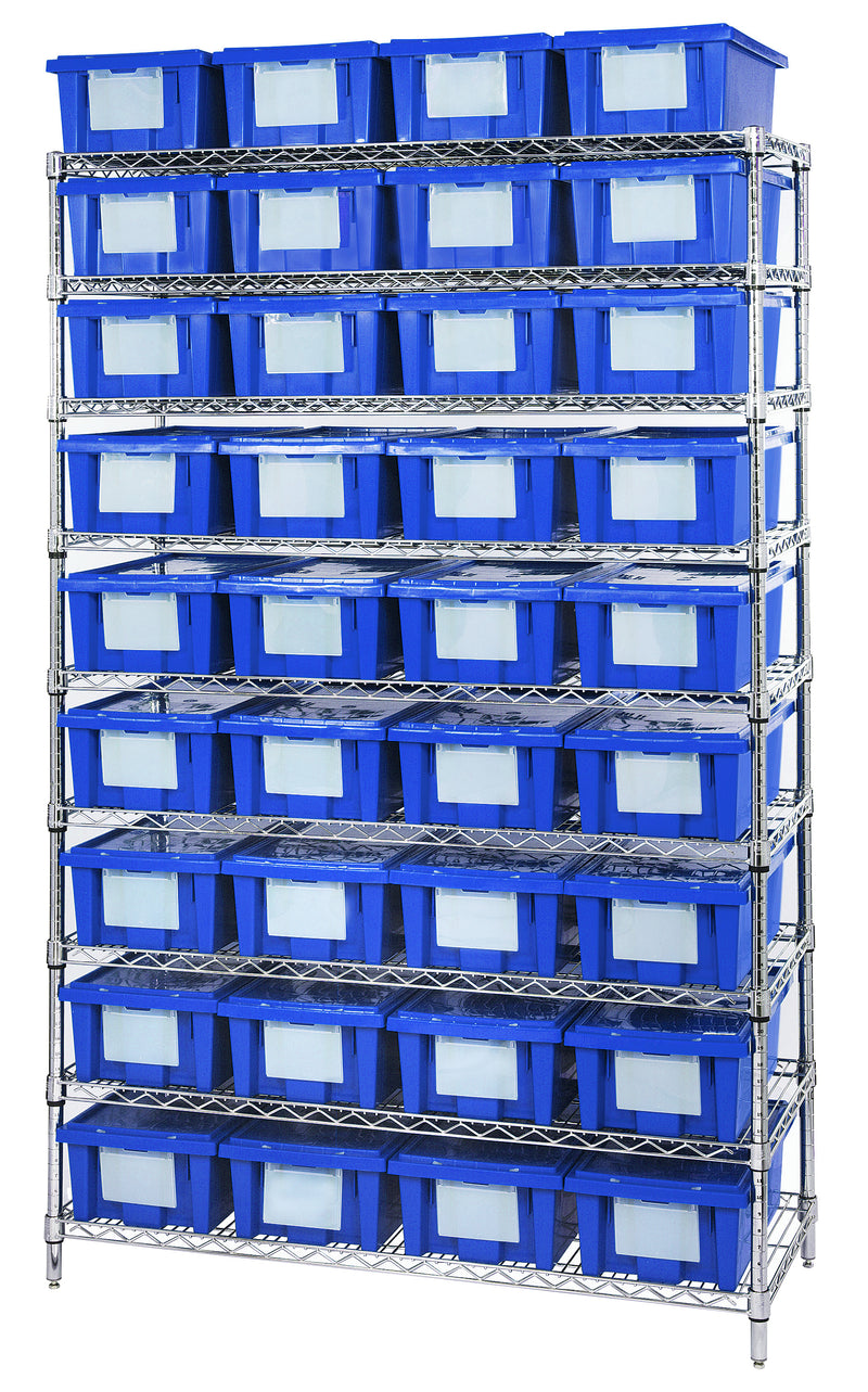Quantum WR9-36180BL, 18"W 48"D 74"H Bin Wire Shelving System, Blue, Chrome Plated Finish