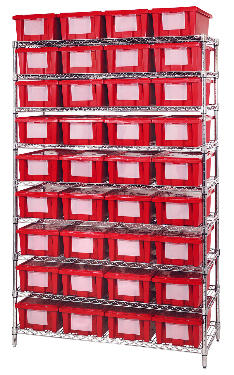 Quantum WR9-36180RD, 18"W 48"D 74"H Bin Wire Shelving System, Red, Chrome Plated Finish