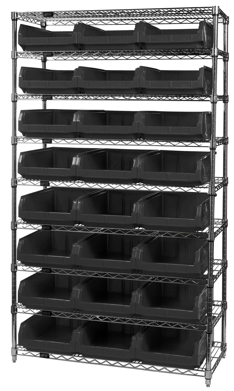 Quantum WR9-531BK, 18"W 42"D 74"H Bin Wire Shelving System, Black Bins, Chrome Plated Finish