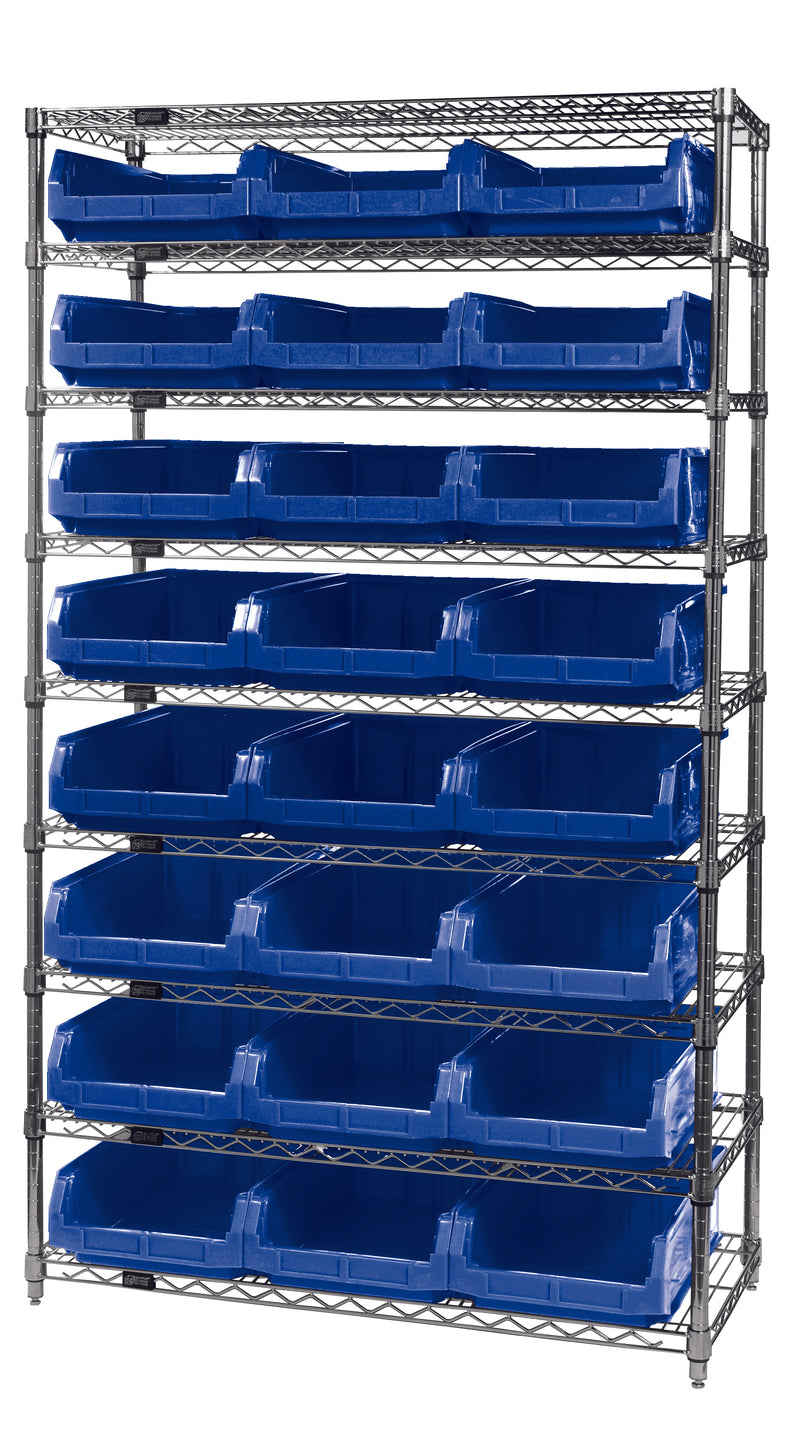 Quantum WR9-531BL, 18"W 42"D 74"H Bin Wire Shelving System, Blue Bins, Chrome Plated Finish