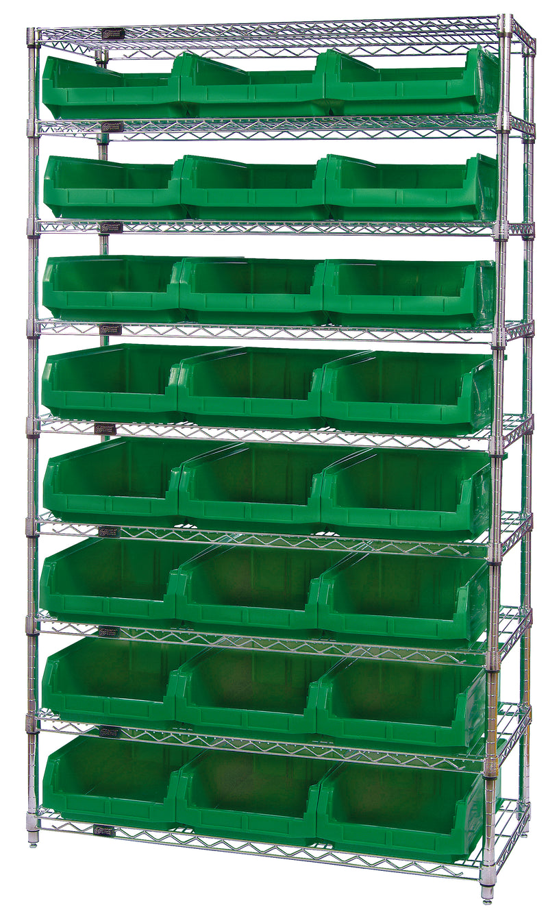 Quantum WR9-531GN, 18"W 42"D 74"H Bin Wire Shelving System, Green Bins, Chrome Plated Finish