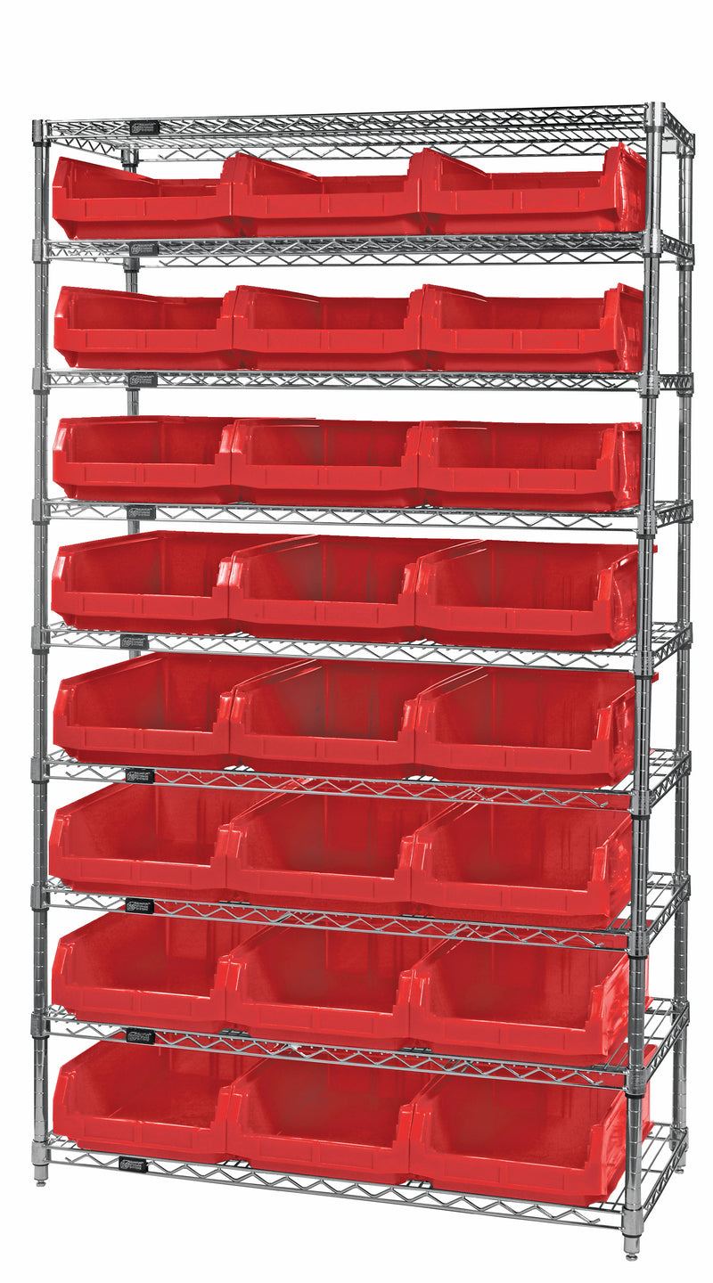 Quantum WR9-531RD, 18"W 42"D 74"H Bin Wire Shelving System, Red Bins, Chrome Plated Finish