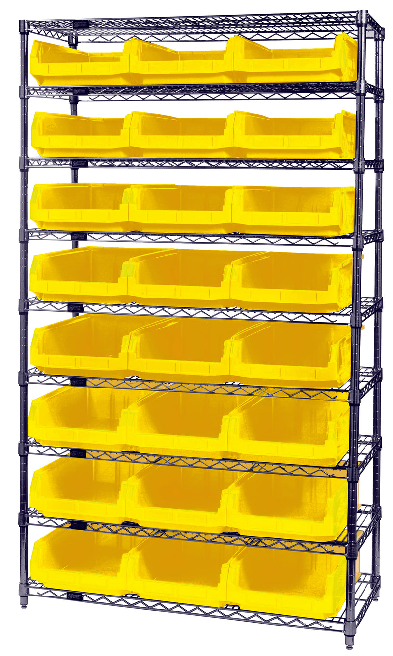 Quantum WR9-531YL, 18"W 42"D 74"H Bin Wire Shelving System, Yellow Bins, Chrome Plated Finish